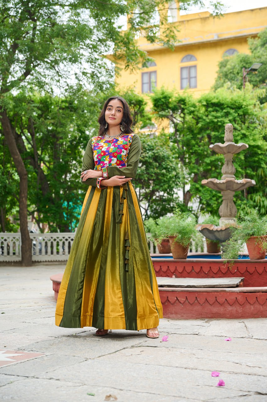 Mehendi Navratri Special Chinnon Pedding Lehenga Choli with Kutchi Gamthi Embroidery ClothsVilla