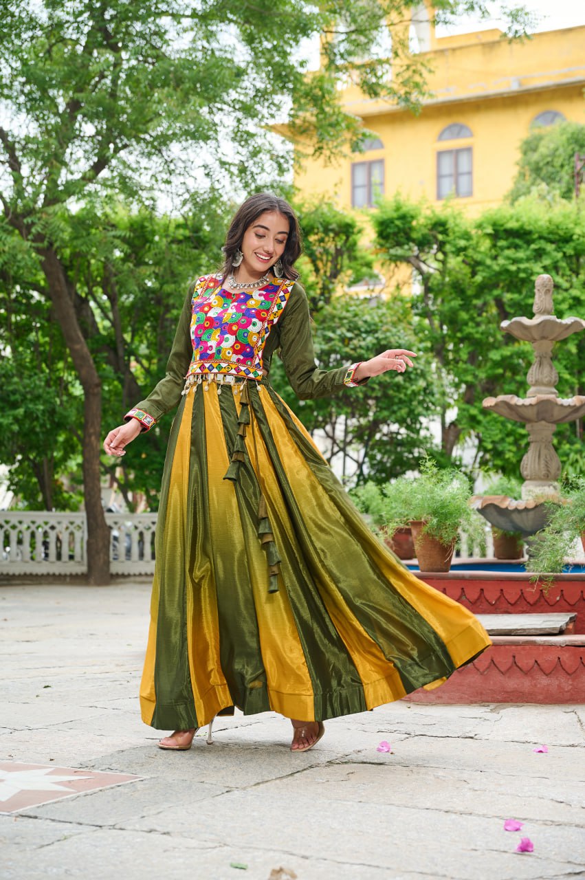 Mehendi Navratri Special Chinnon Pedding Lehenga Choli with Kutchi Gamthi Embroidery ClothsVilla
