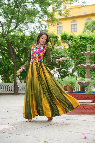 Mehendi Navratri Special Chinnon Pedding Lehenga Choli with Kutchi Gamthi Embroidery ClothsVilla