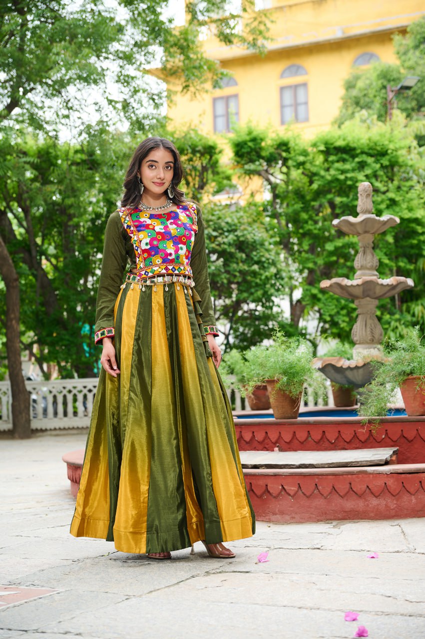 Mehendi Navratri Special Chinnon Pedding Lehenga Choli with Kutchi Gamthi Embroidery ClothsVilla Main image
