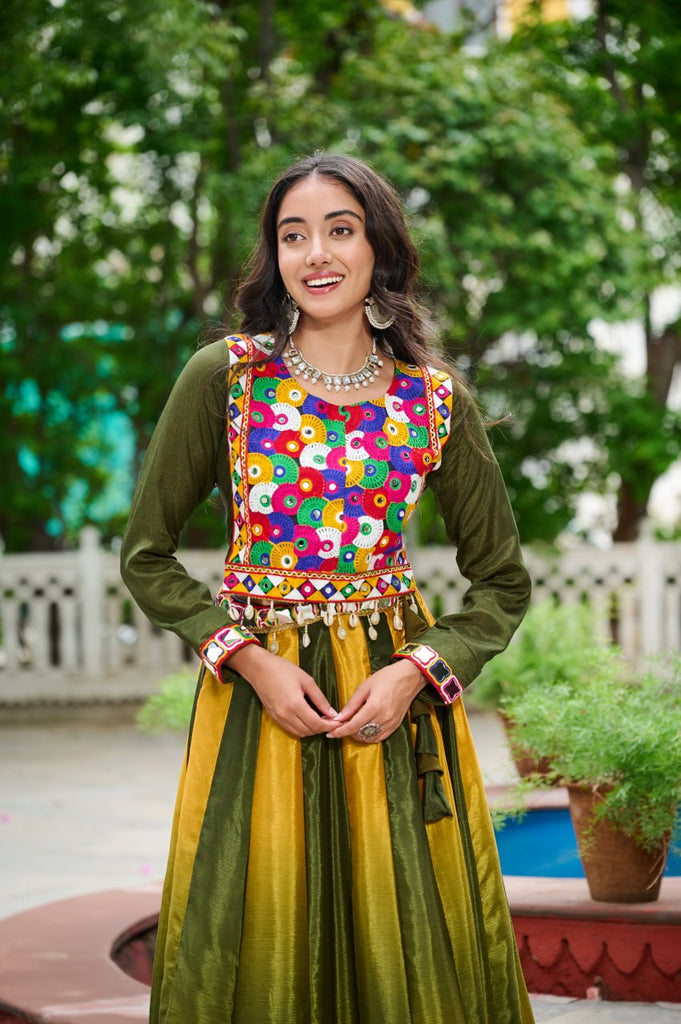 Mehendi Navratri Special Chinnon Pedding Lehenga Choli with Kutchi Gamthi Embroidery ClothsVilla