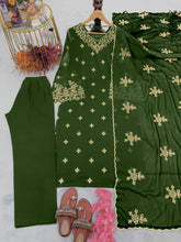 Load image into Gallery viewer, Mehendi Premium Designer Party Wear Faux Georgette Top, Bottom &amp; Dupatta Set Clothsvilla