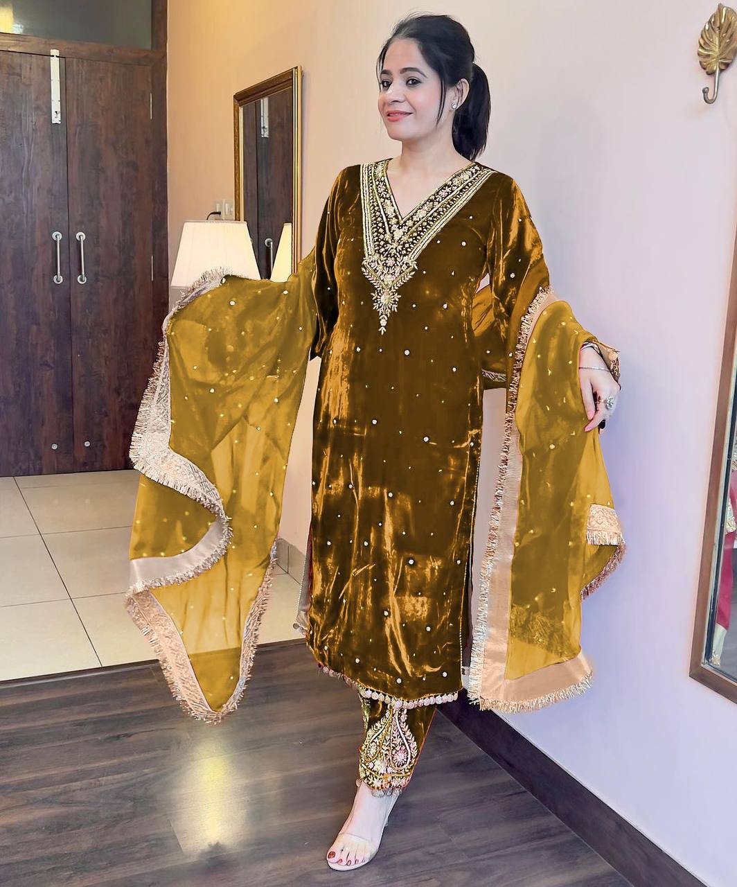 Mehendi Premium Designer Party Wear Velvet Top, Palazzo & Dupatta Set Secondary image