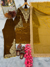 Load image into Gallery viewer, Mehendi Premium Designer Party Wear Velvet Top, Palazzo &amp; Dupatta Set Clothsvilla