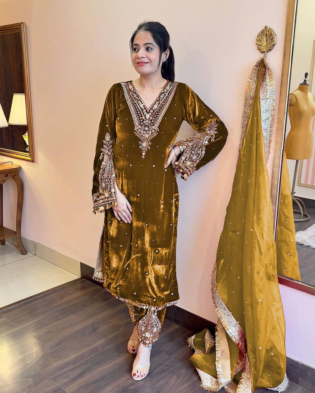 Mehendi Premium Designer Party Wear Velvet Top, Palazzo & Dupatta Set Clothsvilla Main image