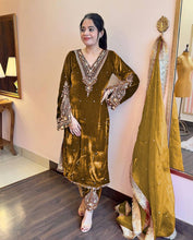 Load image into Gallery viewer, Mehendi Premium Designer Party Wear Velvet Top, Palazzo &amp; Dupatta Set Clothsvilla