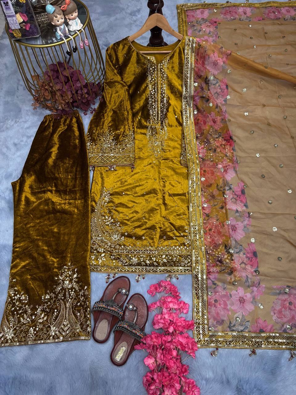 Mehendi Premium Designer Party Wear Viscose Velvet Top, Plazzo & Dupatta Set – Elegant Festive Look Clothsvilla