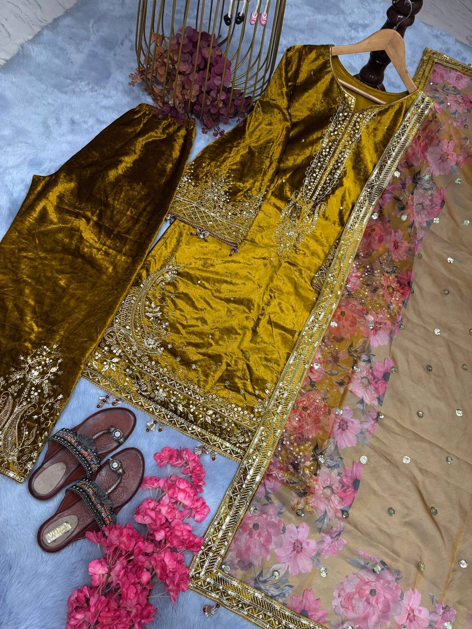 Mehendi Premium Designer Party Wear Viscose Velvet Top, Plazzo & Dupatta Set – Elegant Festive Look Clothsvilla