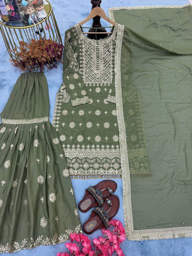 Mehendi Premium Designer Readymade Georgette Top, Sharara, Dupatta Set Clothsvilla