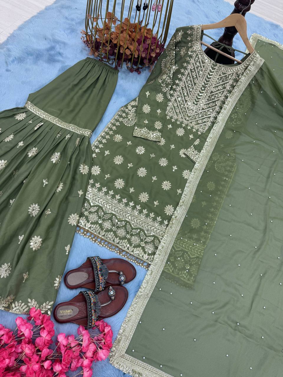 Mehendi Premium Designer Readymade Georgette Top, Sharara, Dupatta Set Clothsvilla