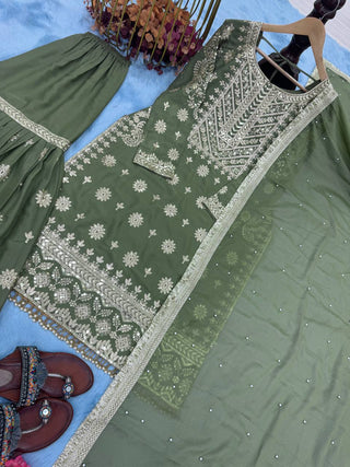 Mehendi Premium Designer Readymade Georgette Top, Sharara, Dupatta Set Clothsvilla