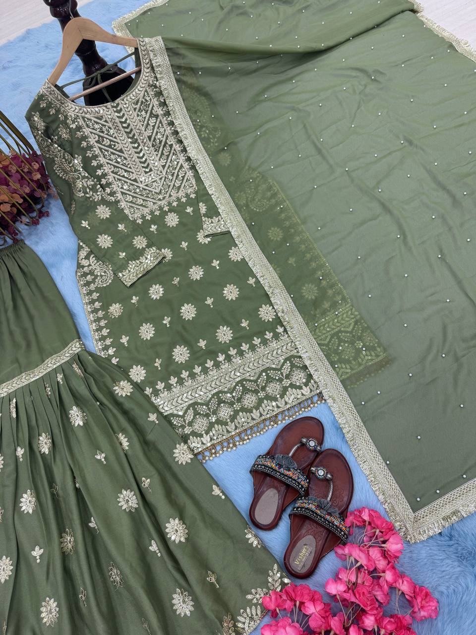 Mehendi Premium Designer Readymade Georgette Top, Sharara, Dupatta Set Clothsvilla