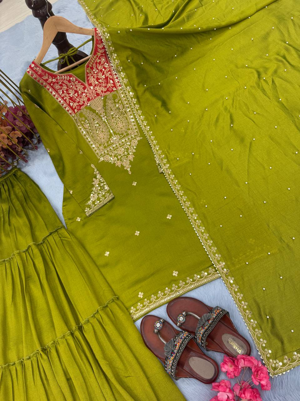 Mehendi Premium Designer Readymade Top Sharara Plazzo & Dupatta Collection Main image