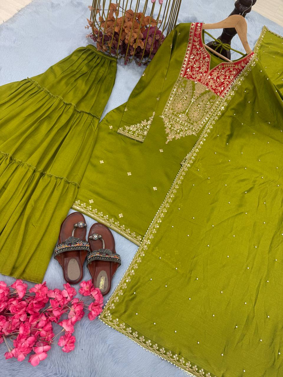 Mehendi Premium Designer Readymade Top Sharara Plazzo & Dupatta Collection