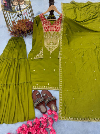 Mehendi Premium Designer Readymade Top Sharara Plazzo & Dupatta Collection