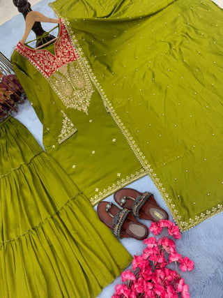 Mehendi Premium Designer Readymade Top Sharara Plazzo & Dupatta Collection