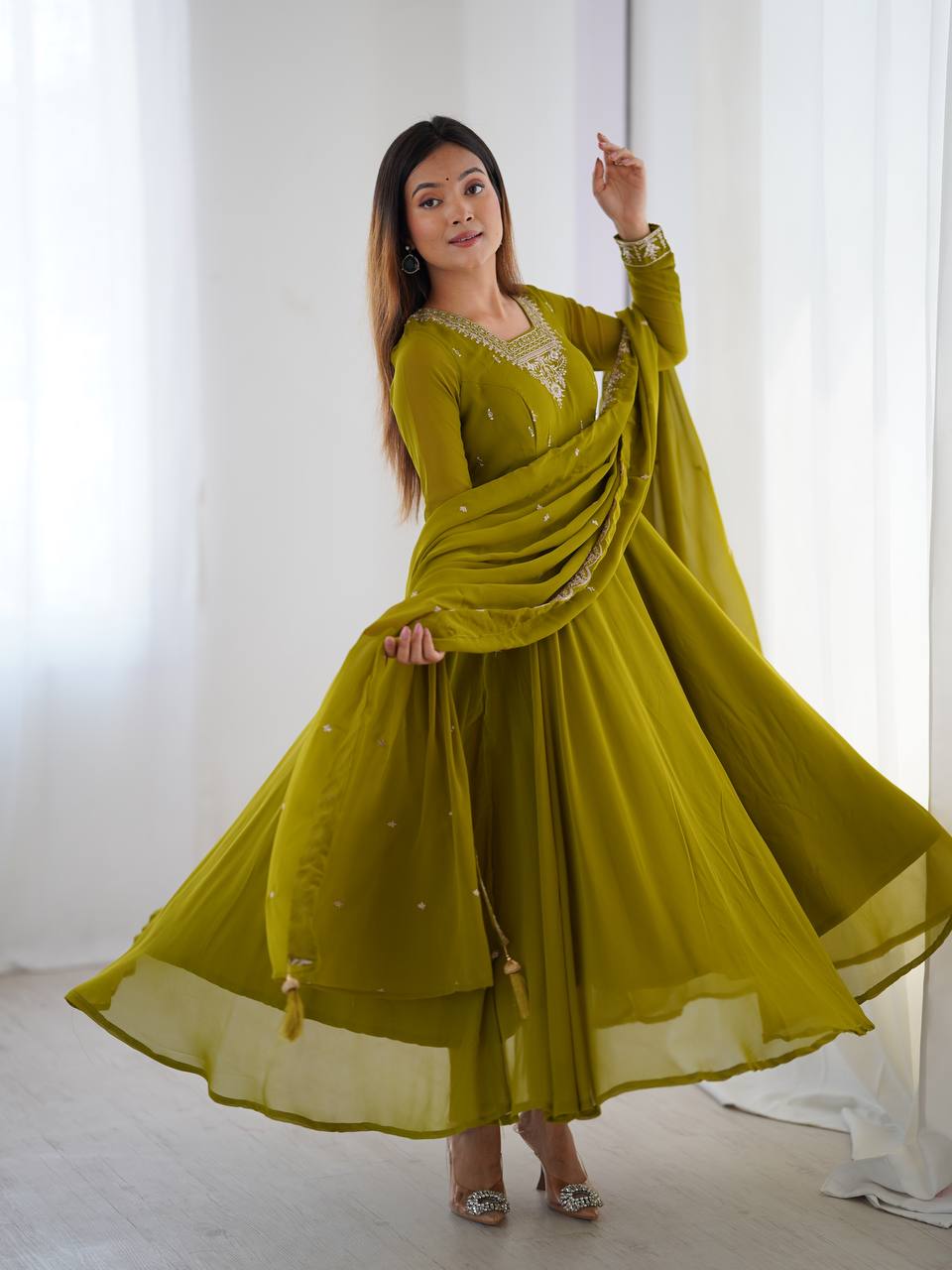 Mehendi Premium Soft Fox Georgette Fully Flared Anarkali Set with Dupatta & Pant Clothsvilla