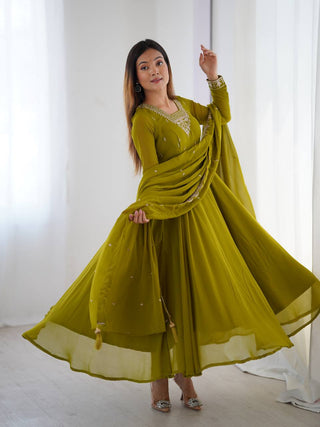Mehendi Premium Soft Fox Georgette Fully Flared Anarkali Set with Dupatta & Pant Clothsvilla