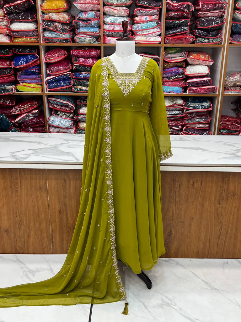 Mehendi Premium Soft Fox Georgette Fully Flared Anarkali Set with Dupatta & Pant Clothsvilla