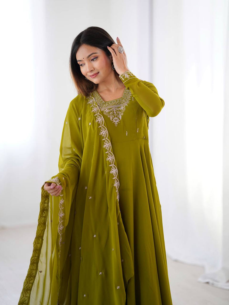 Mehendi Premium Soft Fox Georgette Fully Flared Anarkali Set with Dupatta & Pant Clothsvilla