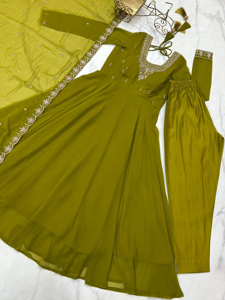 Mehendi Premium Soft Fox Georgette Fully Flared Anarkali Set with Dupatta & Pant Clothsvilla