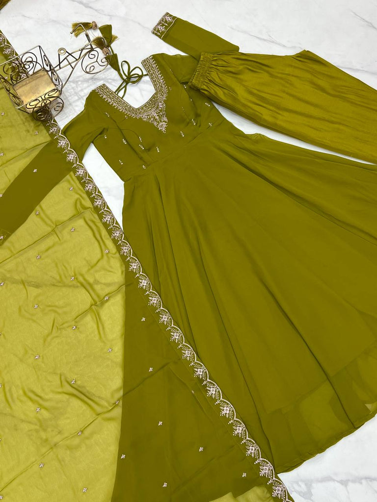 Mehendi Premium Soft Fox Georgette Fully Flared Anarkali Set with Dupatta & Pant Clothsvilla