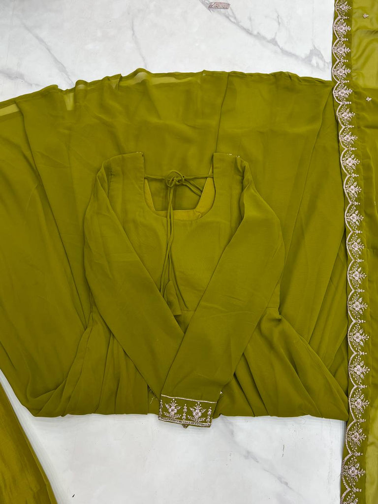 Mehendi Premium Soft Fox Georgette Fully Flared Anarkali Set with Dupatta & Pant Clothsvilla