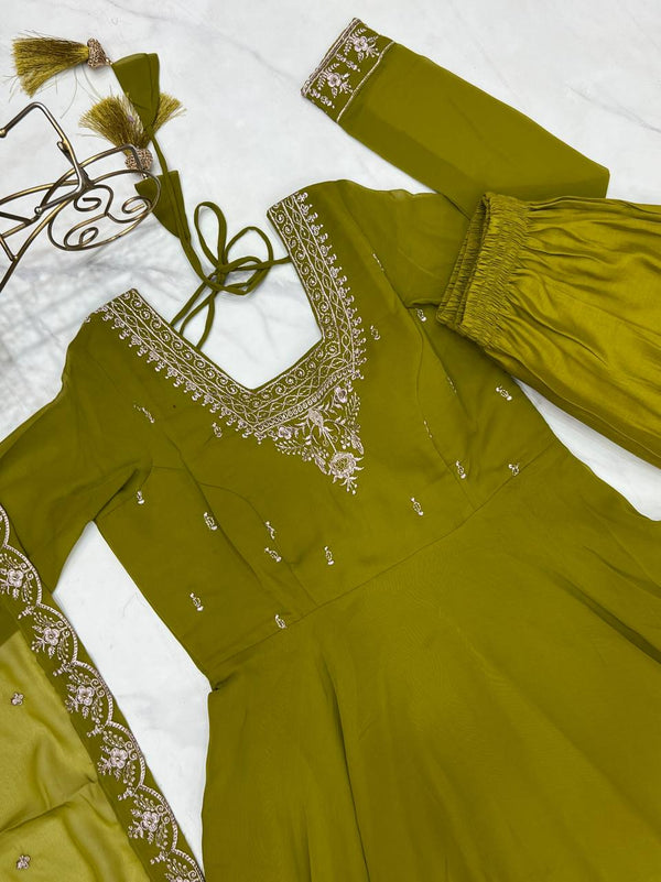 Mehendi Premium Soft Fox Georgette Fully Flared Anarkali Set with Dupatta & Pant Clothsvilla