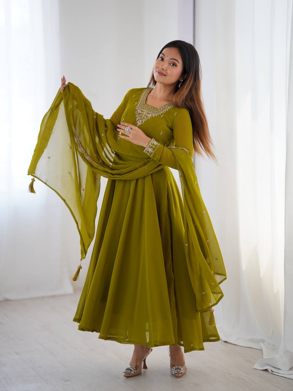 Mehendi Premium Soft Fox Georgette Fully Flared Anarkali Set with Dupatta & Pant Clothsvilla