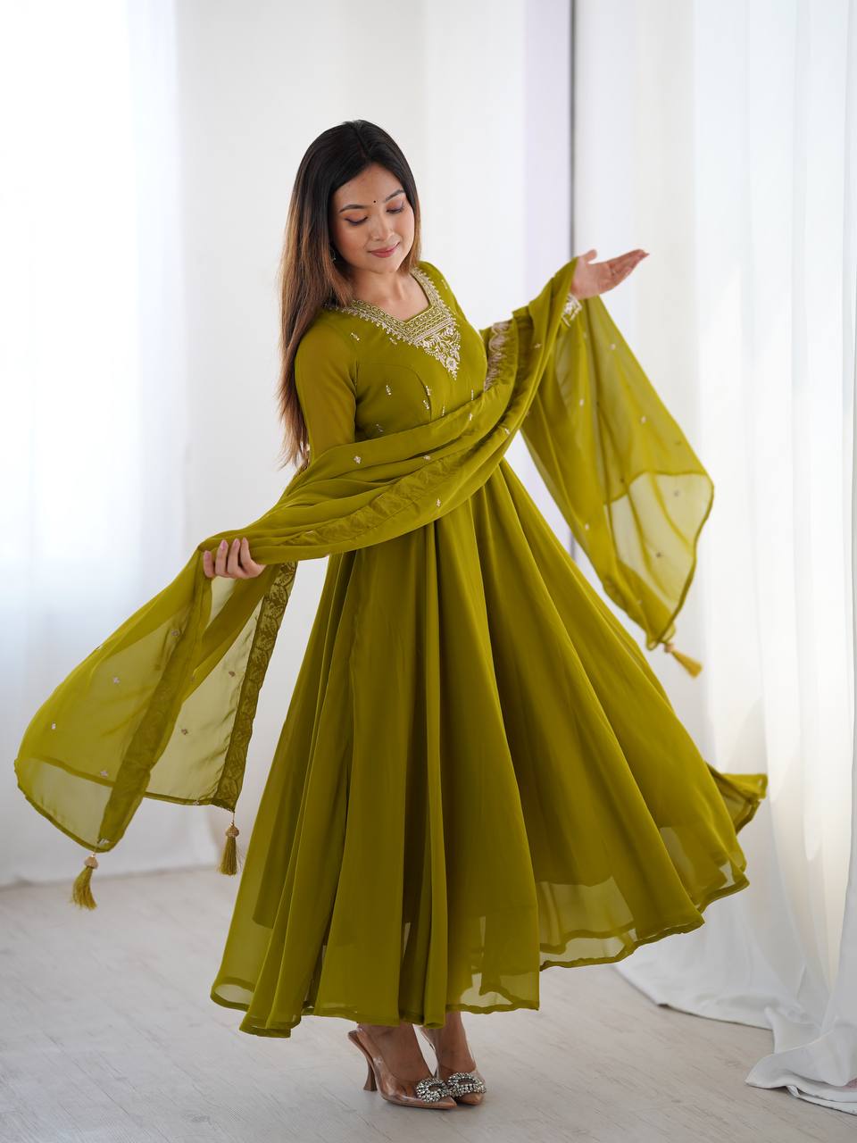 Mehendi Premium Soft Fox Georgette Fully Flared Anarkali Set with Dupatta & Pant Clothsvilla