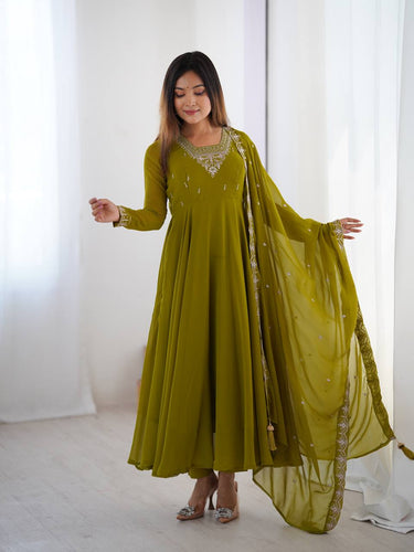 Mehendi Premium Soft Fox Georgette Fully Flared Anarkali Set with Dupatta & Pant Clothsvilla