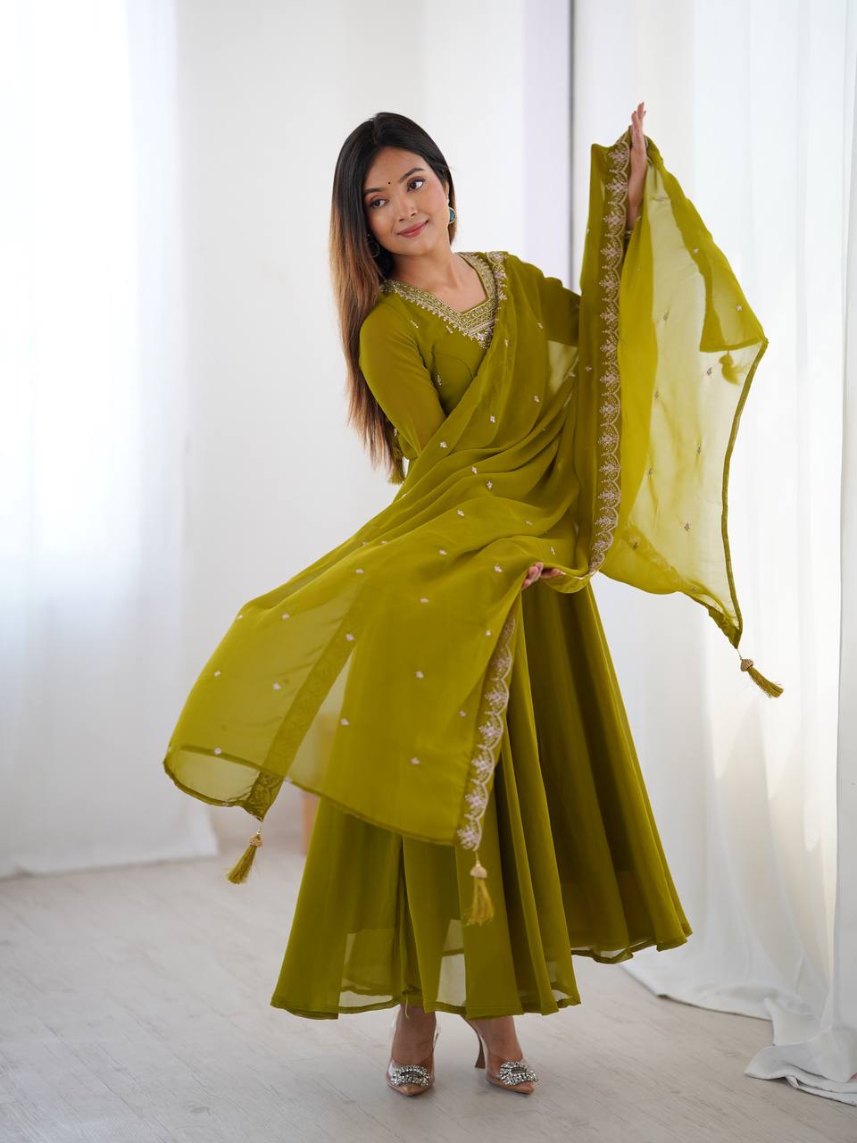 Mehendi Premium Soft Fox Georgette Fully Flared Anarkali Set with Dupatta & Pant Clothsvilla