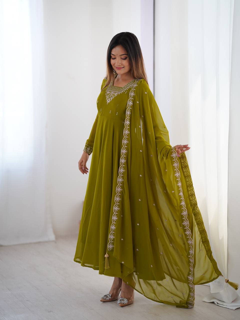 Mehendi Premium Soft Fox Georgette Fully Flared Anarkali Set with Dupatta & Pant Clothsvilla
