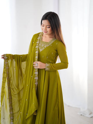 Mehendi Premium Soft Fox Georgette Fully Flared Anarkali Set with Dupatta & Pant Clothsvilla