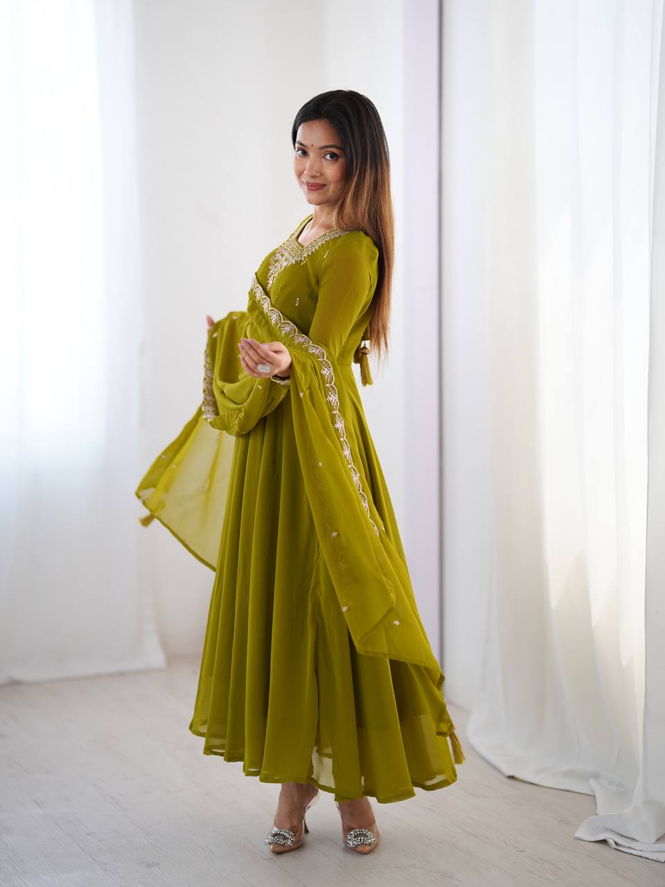 Mehendi Premium Soft Fox Georgette Fully Flared Anarkali Set with Dupatta & Pant Clothsvilla
