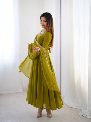 Mehendi Premium Soft Fox Georgette Fully Flared Anarkali Set with Dupatta & Pant Clothsvilla