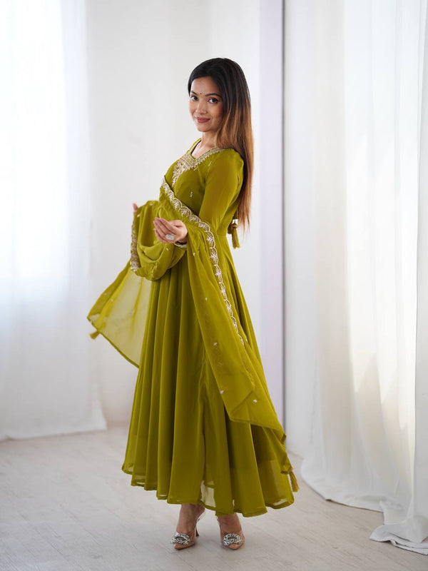 Mehendi Premium Soft Fox Georgette Fully Flared Anarkali Set with Dupatta & Pant Clothsvilla