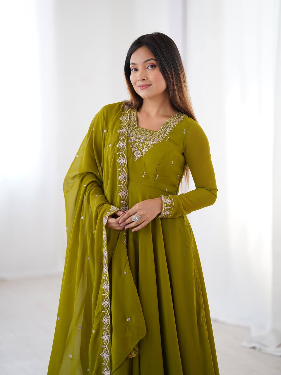 Mehendi Premium Soft Fox Georgette Fully Flared Anarkali Set with Dupatta & Pant Clothsvilla
