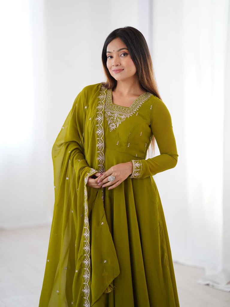 Mehendi Premium Soft Fox Georgette Fully Flared Anarkali Set with Dupatta & Pant Clothsvilla