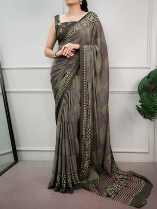 Mehendi Printed Satin Silk Saree ClothsVilla