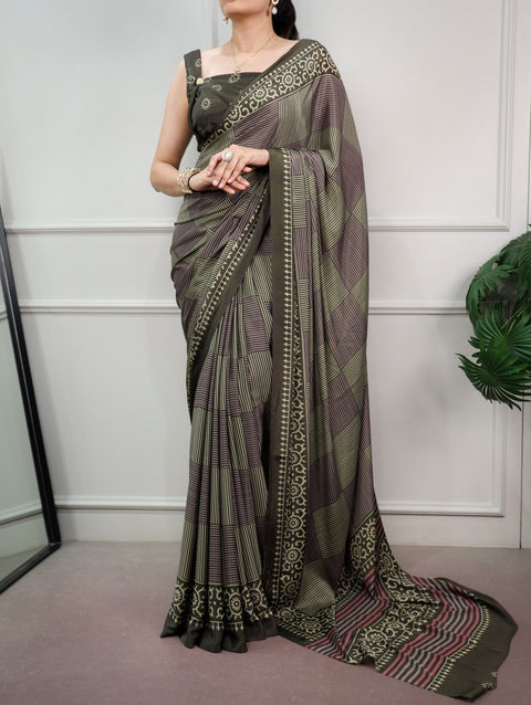 Mehendi Printed Satin Silk Saree ClothsVilla Main image