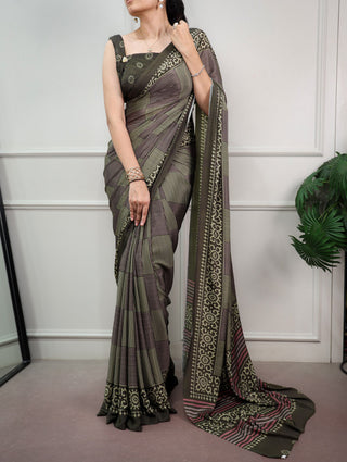 Mehendi Printed Satin Silk Saree ClothsVilla