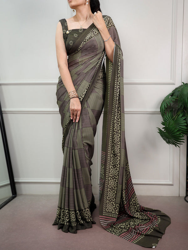 Mehendi Printed Satin Silk Saree ClothsVilla