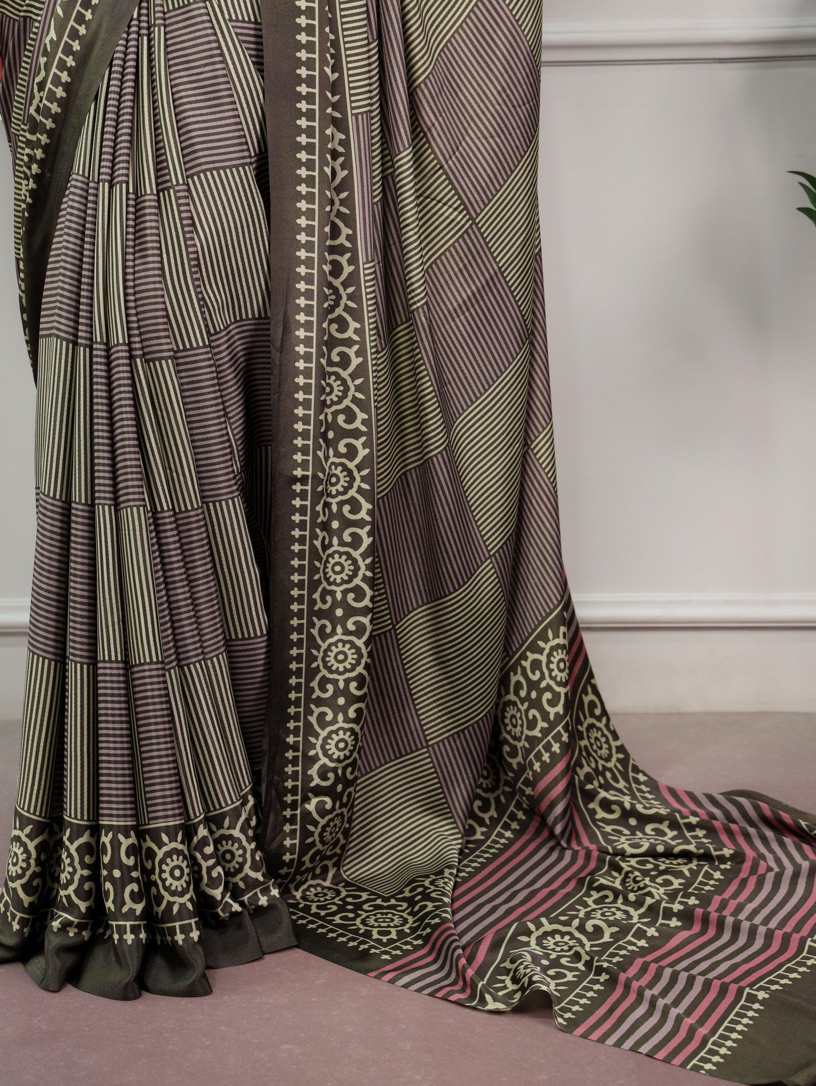 Mehendi Printed Satin Silk Saree ClothsVilla