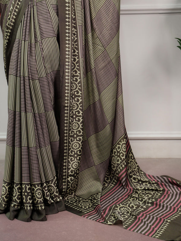 Mehendi Printed Satin Silk Saree ClothsVilla