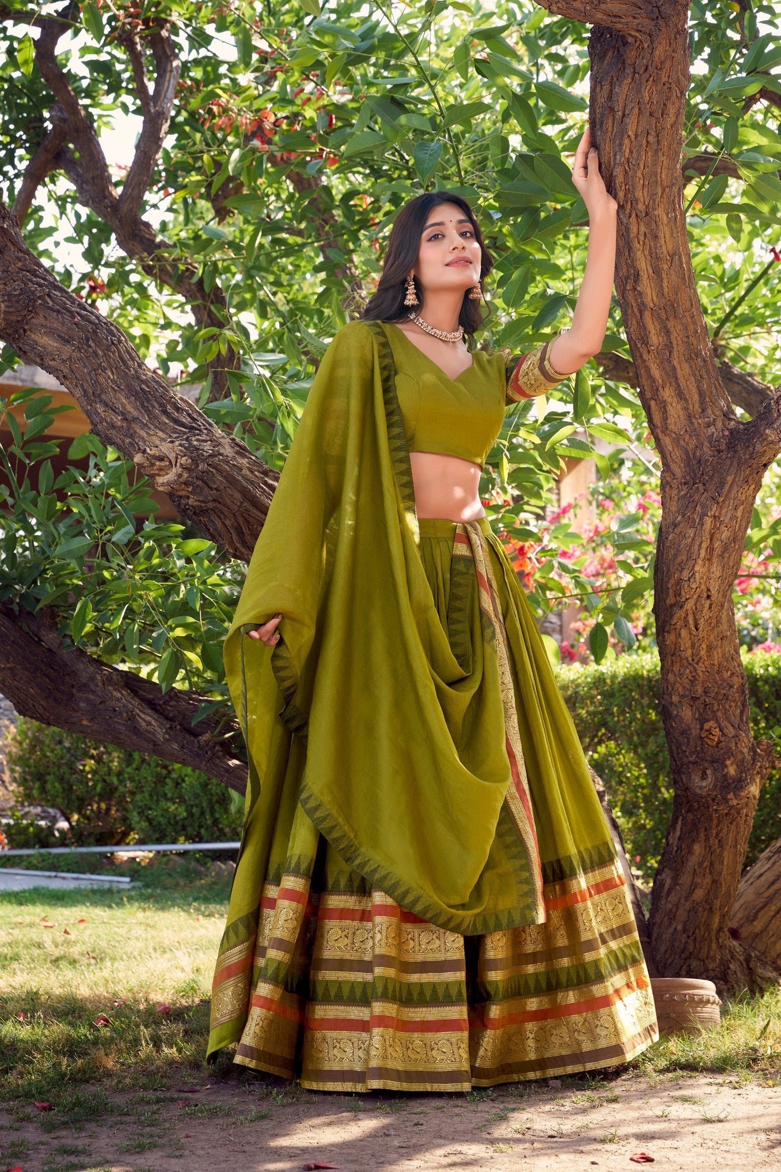 Mehendi Pure Chanderi Elegance Stitched Lehenga Set with Zari Weaving – 3-Piece Ensemble ClothsVilla