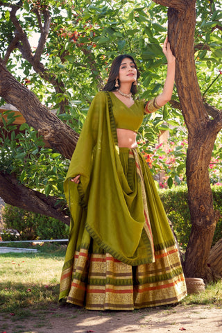 Mehendi Pure Chanderi Elegance Stitched Lehenga Set with Zari Weaving – 3-Piece Ensemble ClothsVilla