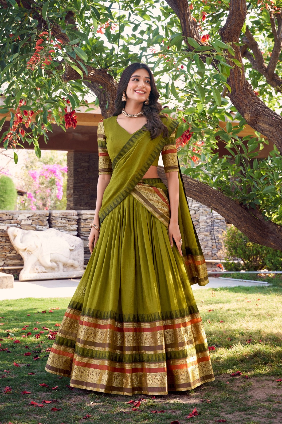 Mehendi Pure Chanderi Elegance Stitched Lehenga Set with Zari Weaving – 3-Piece Ensemble ClothsVilla Main image