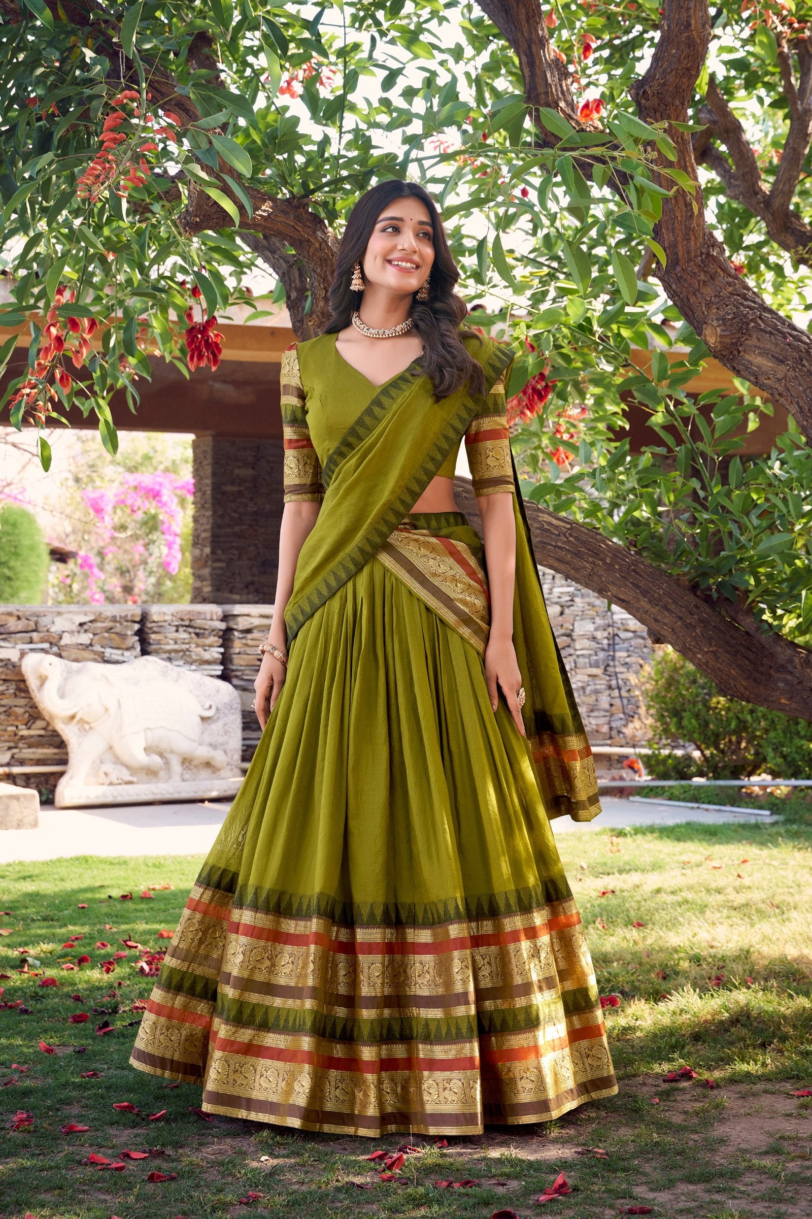 Mehendi Pure Chanderi Elegance Stitched Lehenga Set with Zari Weaving – 3-Piece Ensemble ClothsVilla