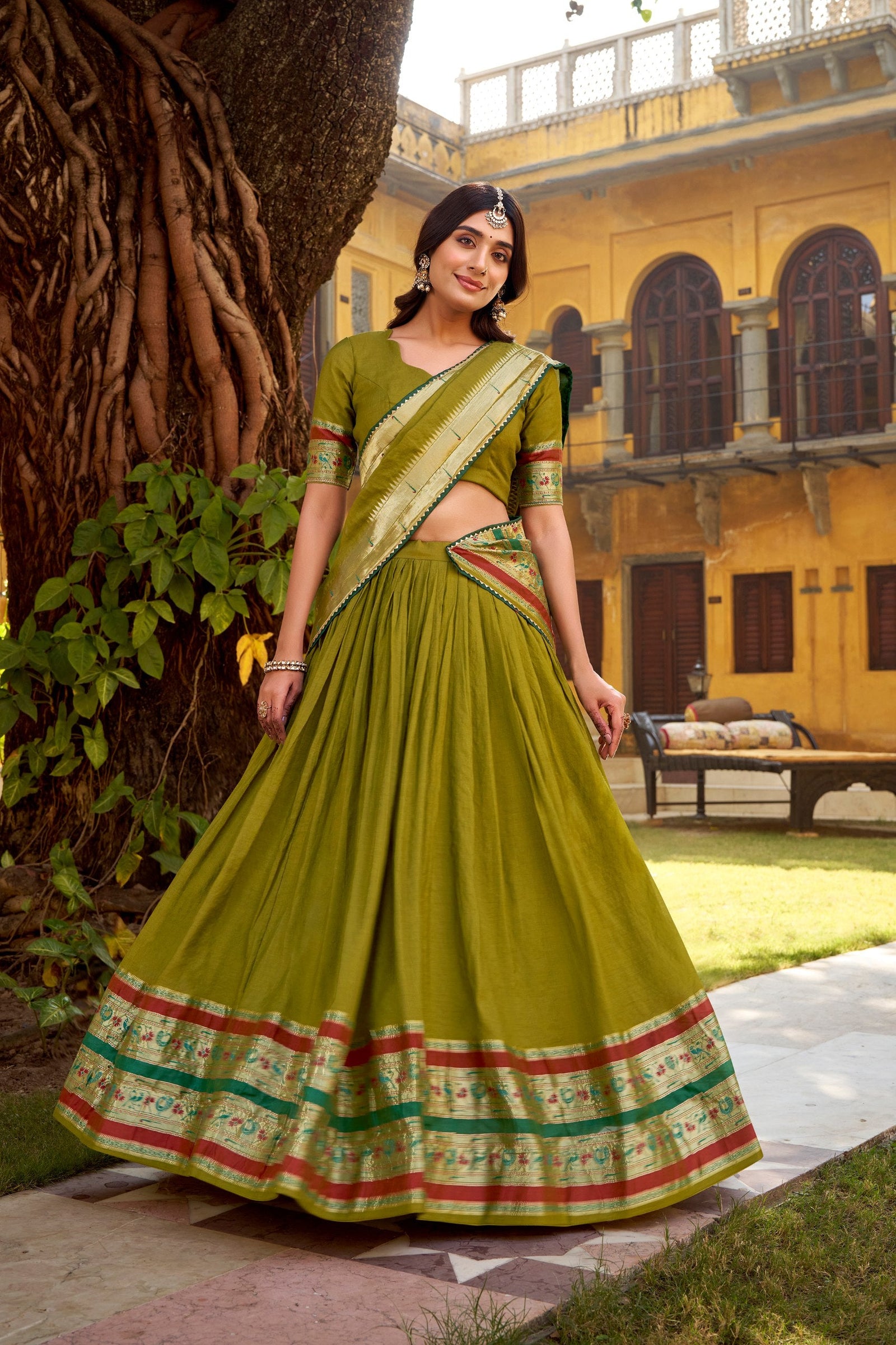 Mehendi Pure Chanderi Zari Weaving Lehenga Choli Set with Gotta Patti Detailing & Matching Dupatta – 4-Meter Flair Fully Stitched Ethnic Wear ClothsVilla